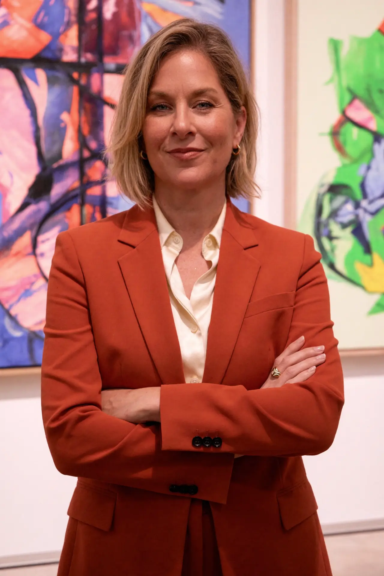 Cassie Stone in a rust suit with arms crossed in front of colorful gallery paintings