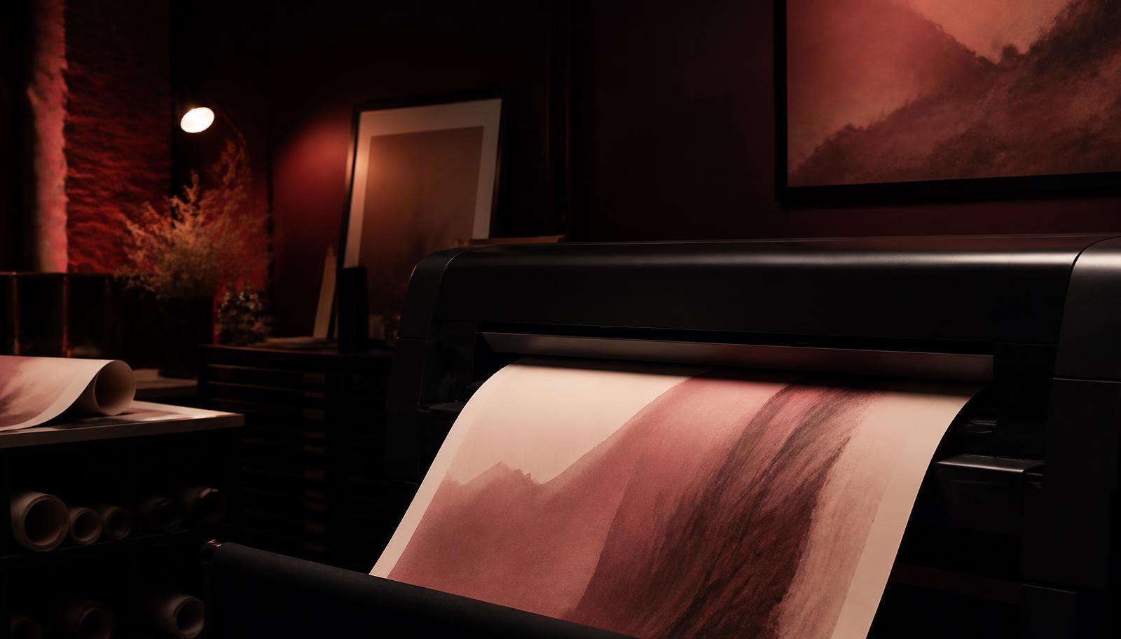 Large-format giclée printer producing an archival fine art print in the studio