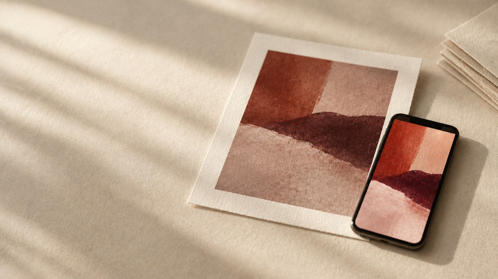 A fine art print on textured cotton rag paper beside a phone showing the same painting, the screen visibly brighter than the paper