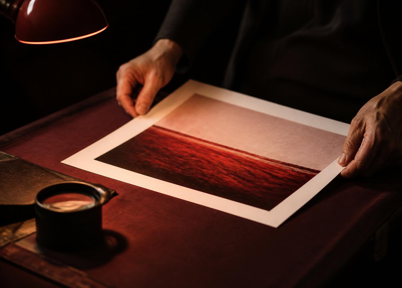 Fine art specialist inspecting a giclée print for color accuracy