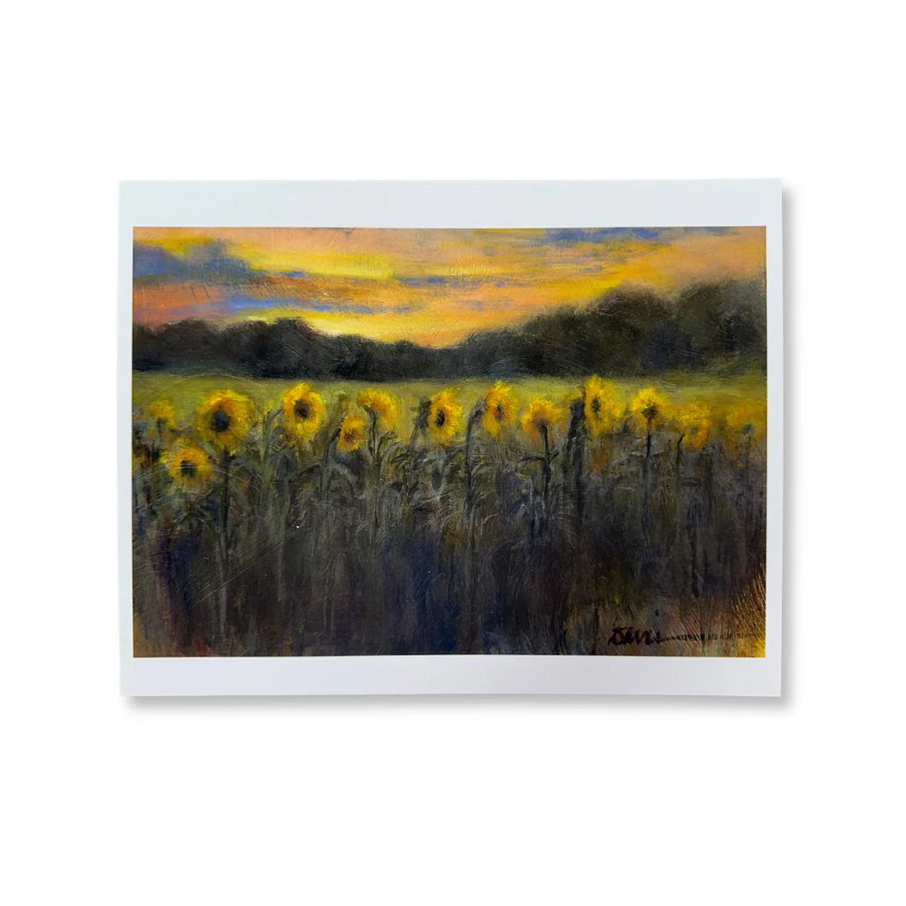 Painting of sunflowers with a sunset sky on a white background