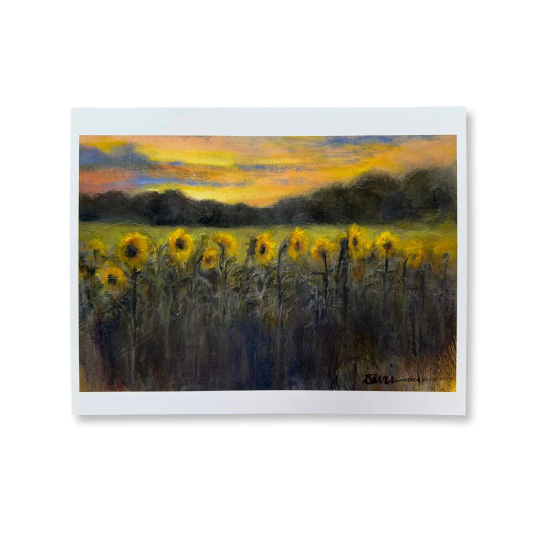 Painting of sunflowers with a sunset sky on a white background