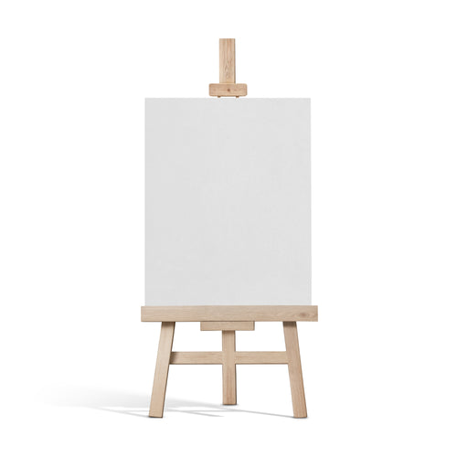 Wooden easel with a blank white canvas on a white background
