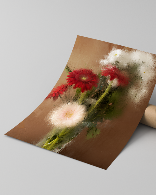 Floral art print on a cardboard stand with 'STARTIST' branding on a gray background